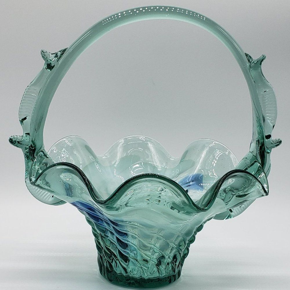 Teal White Blue Vintage Art Glass Ruffled Waffle Fruit Basket with Handle - Picture 6 of 15
